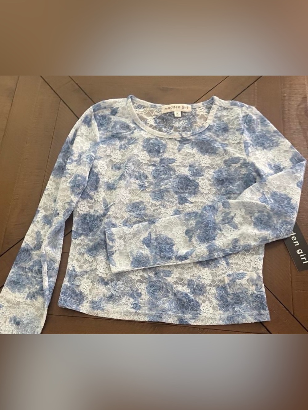 Madden Girl White Lace Long-Sleeve Top with Blue Floral Print